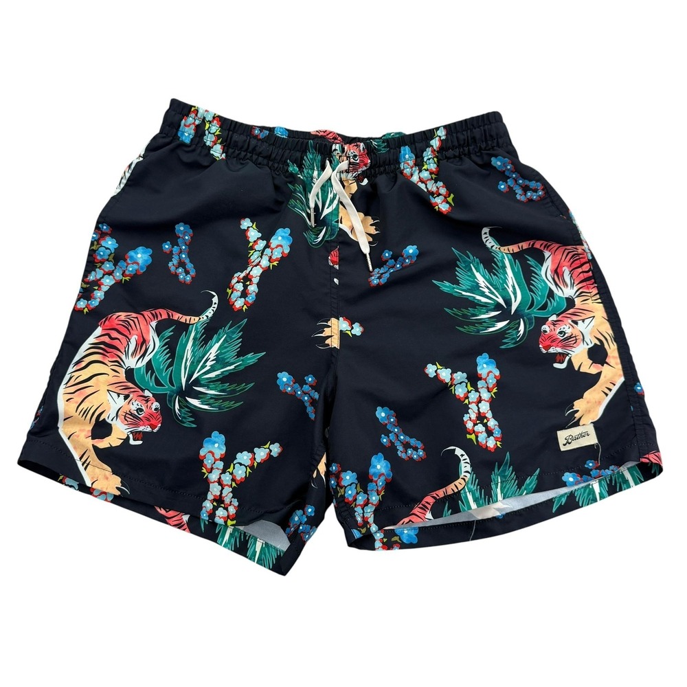 Bather Shorts Mens L Blue Animal Tiger Print Microfiber Drawstring 6 Inseam